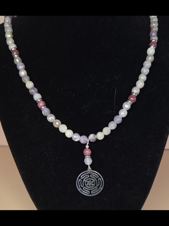 Persephone's Daughter Jewelry - Mystic Lavender Jade, Thulite and Stainless Steel with a Hekate's Wheel Pendant